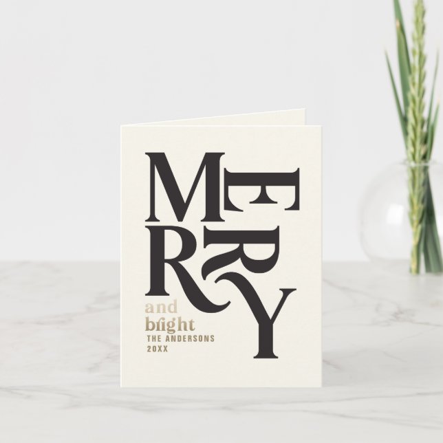 Vintage merry bright black + gold folded Christmas Announcement (Front)