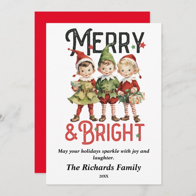 Vintage Merry & Bright Christmas Elves Card (Front/Back)