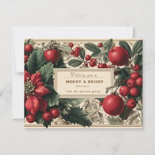 Vintage "Merry & Bright" Christmas Floral Greeting Postcard
