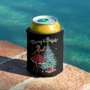 Vintage Merry Bright Girl Decorating Xmas Tree Can Cooler