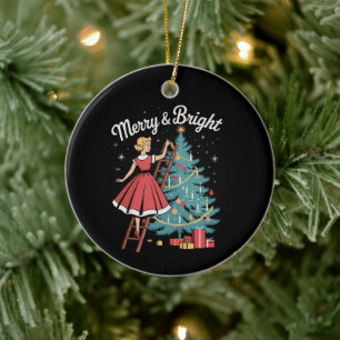 Vintage Merry Bright Girl Decorating Xmas Tree Ceramic Ornament