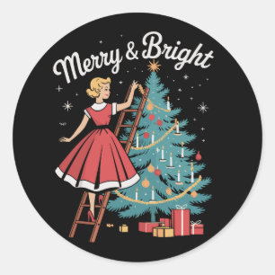 Vintage Merry Bright Girl Decorating Xmas Tree Classic Round Sticker