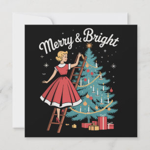 Vintage Merry Bright Girl Decorating Xmas Tree Holiday Card