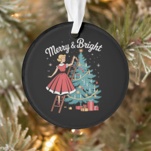 Vintage Merry Bright Girl Decorating Xmas Tree Ornament