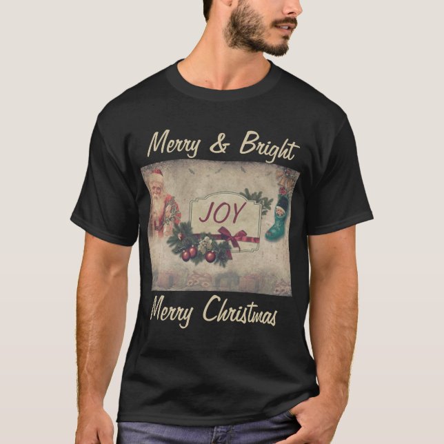 Vintage Merry & Bright Merry Christmas Black T-Shirt (Front)