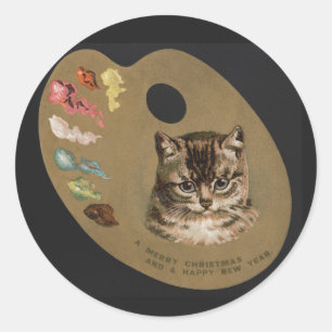 Vintage Merry Christmas and Happy New Year Cat Classic Round Sticker