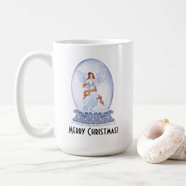 Vintage Merry Christmas Angel Sparkling Snowglobe Coffee Mug (With Donut)