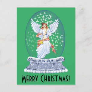 Vintage Merry Christmas Angel Sparkling Snowglobe Holiday Postcard