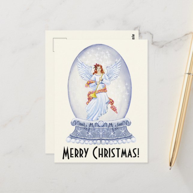 Vintage Merry Christmas Angel Sparkling Snowglobe Postcard (Front/Back In Situ)