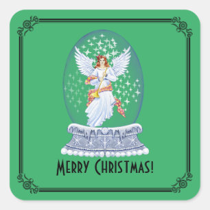 Vintage Merry Christmas Angel Sparkling Snowglobe Square Sticker