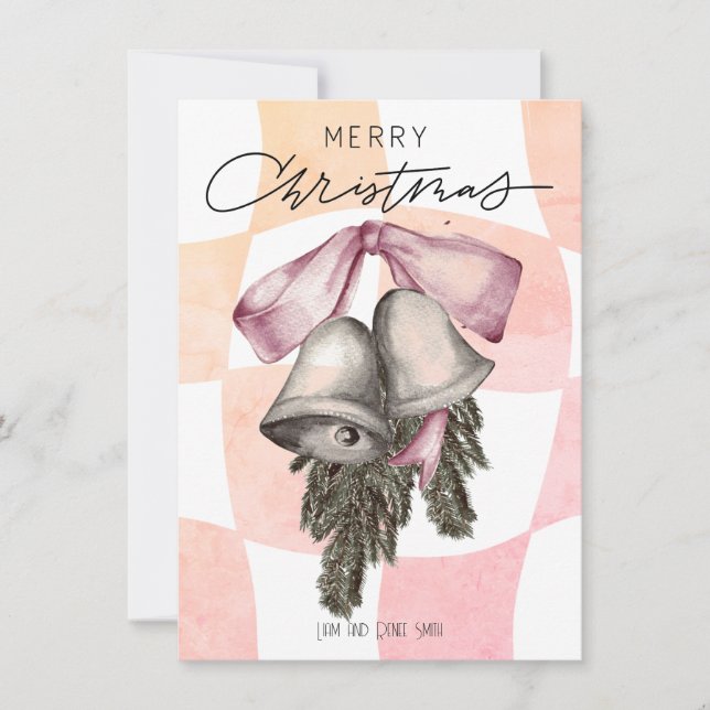 Vintage Merry Christmas Bells Bows Christmas Holiday Card (Front)