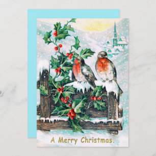 Vintage Merry Christmas Birds Holly Invitation