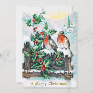 Vintage Merry Christmas Birds Holly Invitation