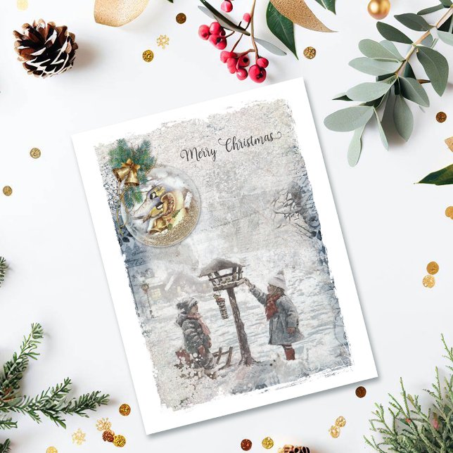 Vintage Merry Christmas Birds & Ornament Holiday Card (Creator Uploaded)