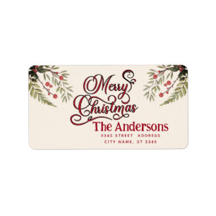 Vintage Merry Christmas botanical holly  Label