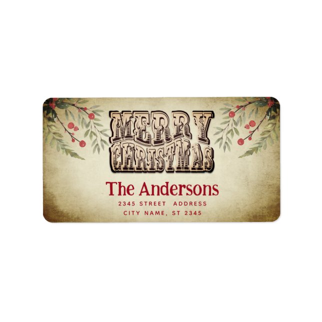 Vintage Merry Christmas botanical holly  Label (Front)