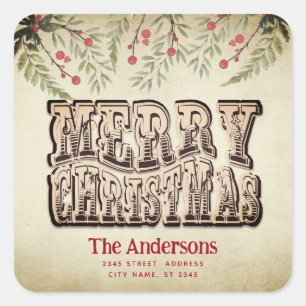Vintage Merry Christmas botanical holly Square Sticker