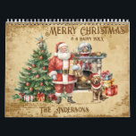 Vintage Merry Christmas Calendar<br><div class="desc">Customise, personalise and gift to your family and friends a timeless and classic vintage Merry Christmas calendar. The front page features a with gorgeous Christmas scene featuring Santa Claus holding a present, standing by a beautiful Christmas tree, a beautifully decorated fireplace in the background with a house in the wood...</div>