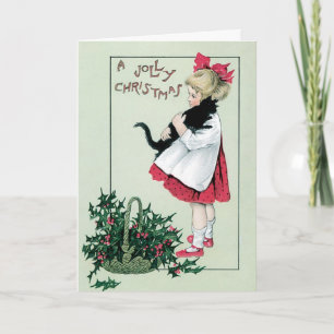 Vintage Merry Christmas Card - girl and cat