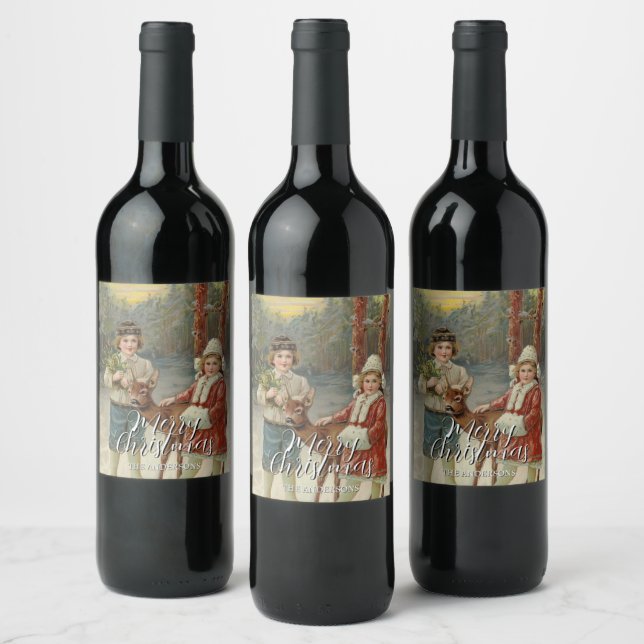 Vintage Merry Christmas Children with Deer Wine Label (Bottles)