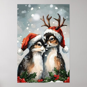 Vintage Merry Christmas Couple Deer Poster