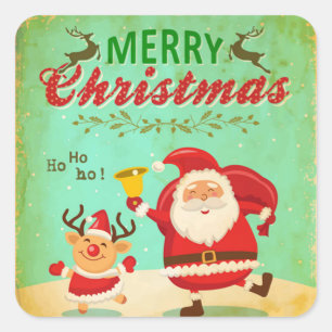 Vintage Merry Christmas Daning Santa and Reindeer. Square Sticker