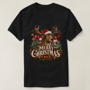 Vintage Merry Christmas Deer Cosy Cabin Woodland T-Shirt