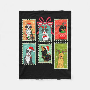 Vintage Merry Christmas Dogs Santa Stamps Reindeer Fleece Blanket