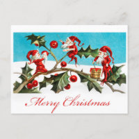 Vintage Merry Christmas Elves Red Holly