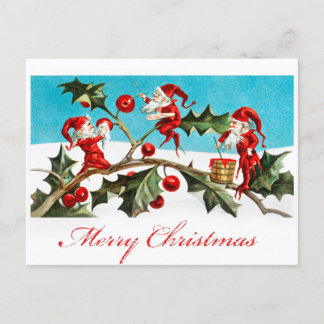 Vintage Merry Christmas Elves Red Holly Postcard