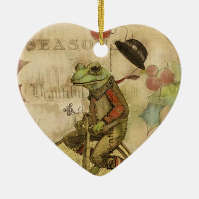 Vintage Merry Christmas Frog on Bicycle Ornaments (Front)