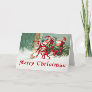 Vintage Merry Christmas Funny Santa Elves  Holiday Card