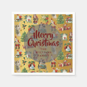 Vintage Merry Christmas Gold Family Name Napkin