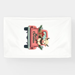 Vintage Merry Christmas Highland Cow in Pink Farm  Banner