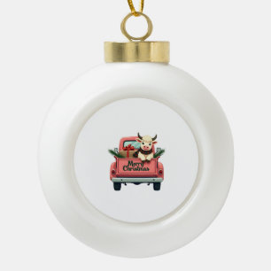 Vintage Merry Christmas Highland Cow in Pink Farm  Ceramic Ball Christmas Ornament