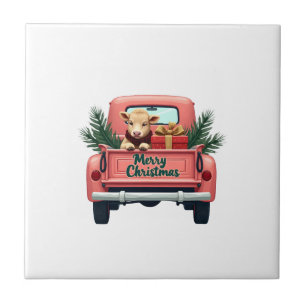 Vintage Merry Christmas Highland Cow in Pink Farm Ceramic Tile