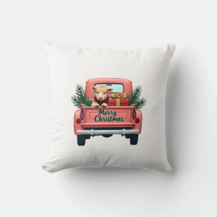Vintage Merry Christmas Highland Cow in Pink Farm Cushion