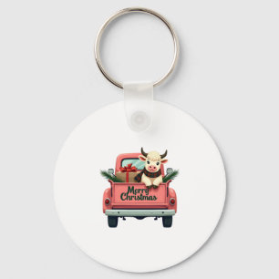 Vintage Merry Christmas Highland Cow in Pink Farm Key Ring