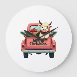 Vintage Merry Christmas Highland Cow in Pink Farm Large Clock