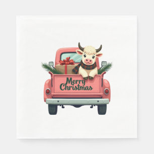 Vintage Merry Christmas Highland Cow in Pink Farm Napkin