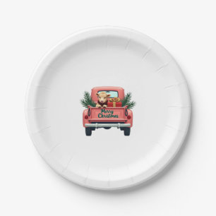 Vintage Merry Christmas Highland Cow in Pink Farm Paper Plate