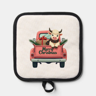 Vintage Merry Christmas Highland Cow in Pink Farm  Pot Holder