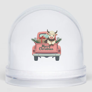 Vintage Merry Christmas Highland Cow in Pink Farm  Snowglobe