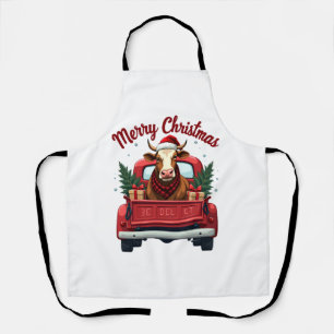 Vintage Merry Christmas Highland Cow Red Truck Hol Apron