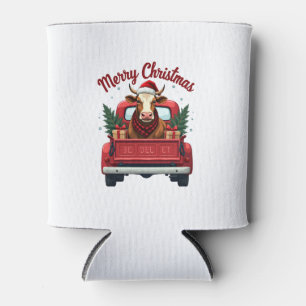 Vintage Merry Christmas Highland Cow Red Truck Hol Can Cooler