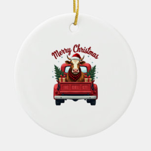 Vintage Merry Christmas Highland Cow Red Truck Hol Ceramic Ornament