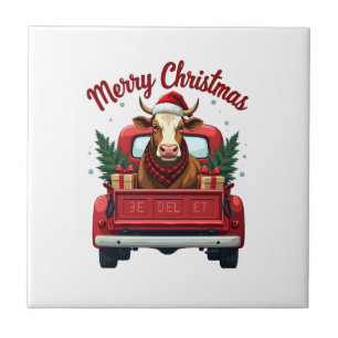 Vintage Merry Christmas Highland Cow Red Truck Hol Ceramic Tile