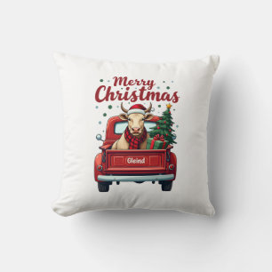 Vintage Merry Christmas Highland Cow Red Truck Hol Cushion