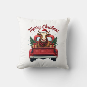 Vintage Merry Christmas Highland Cow Red Truck Hol Cushion