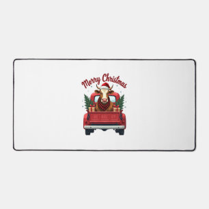 Vintage Merry Christmas Highland Cow Red Truck Hol Desk Mat
